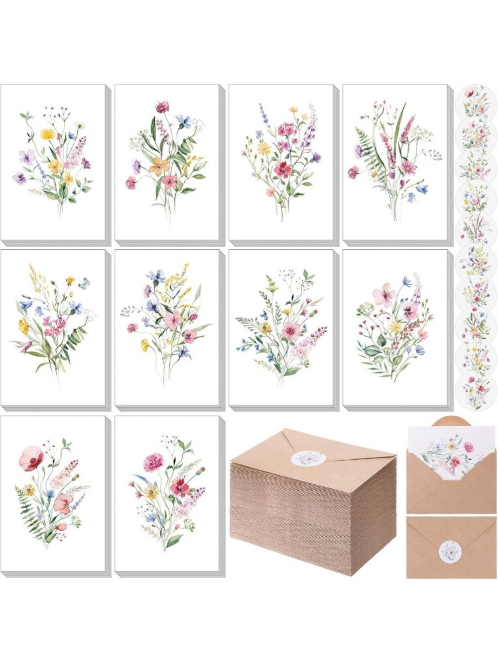200 Wildflower Blank Cards & Envelopes Set - 4x6 Inch, Perfect for DIY Projects